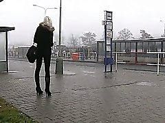 Blonde deepthroating huge dick in car in public