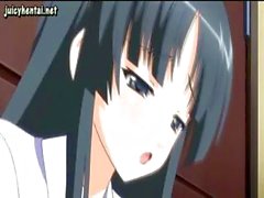 Busty brunette anime girl is giving a handjob and getting horny