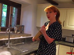 Red XXX fucks the rolling pin in the kitchen