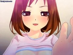 Redhead anime cutie jerks cock with her tits