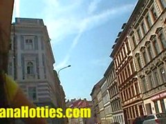 Horny european chick shows tits and pussy in public