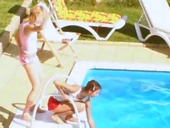 Three chicks secret coitus by the pool