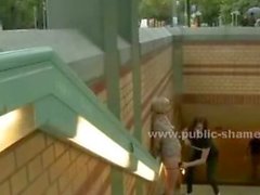 Blonde walked naked in public before getting fucked in rough bdsm