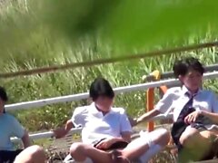 Asian school teens peeing