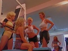 Lesbian gangbang orgy in gym