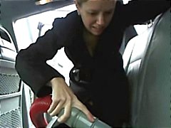 Brunette is at a carwash and is flashing her pussy while going through