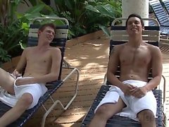 Cum Pig Evan finds to hung jocks hanging out by the pool.