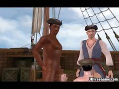 Foxy 3D cartoon pirate babe sucking on two cocks