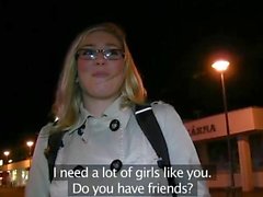 Blonde fucked by huge dick at night outdoor