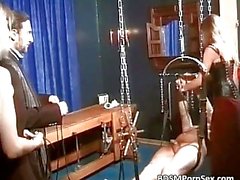 Some horny guy enjoys in painful torture by crazy and horny slut