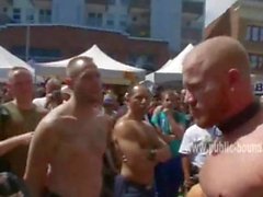 Public gather outdoor on the streets near gay slave punishment in rope bondage gangbang sex video