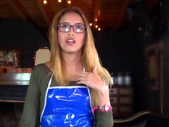Blonde Colombian waitress with glasses rides cock in hot
