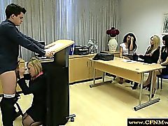 Femdom humiliating her sub by sucking during class