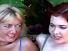 Furious pussy toying with nasty pregnant lesbians outdoors