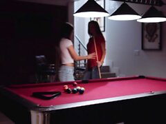 Sexy Adria Rae scissoring with stepmom on the pool table