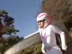 Japanese ranger girl in skin-tight superhero costume gets c