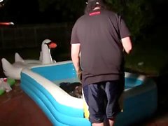 5 dudes get it on with lube in the pool.